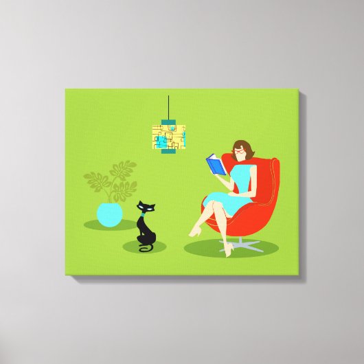 Retro Lezing Vrouw Uitgerekt Canvas Print (Voorkant)