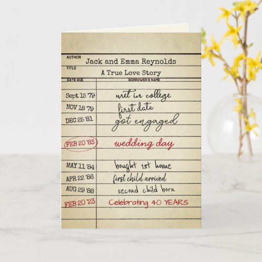 Retro Library Card 40e Jubileum Kaart (Gele Bloem)