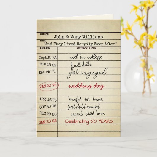 Retro Library Card 50e Jubileum Kaart (Gele Bloem)