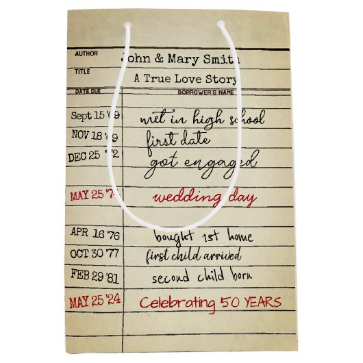 Retro Library Card 50e Jubileum Medium Cadeauzakje (Voorkant)
