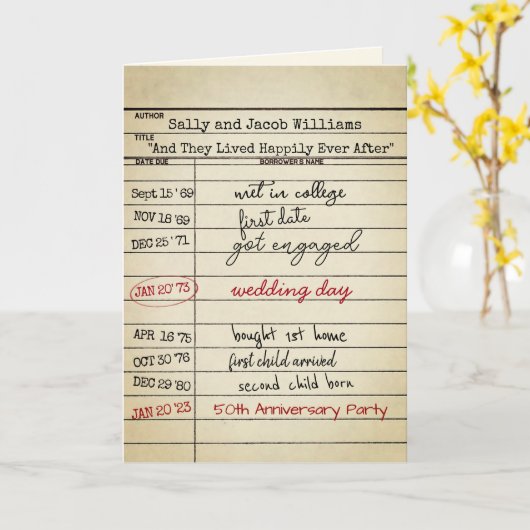 Retro Library Card 50th Jubileum Party Kaart (Gele Bloem)