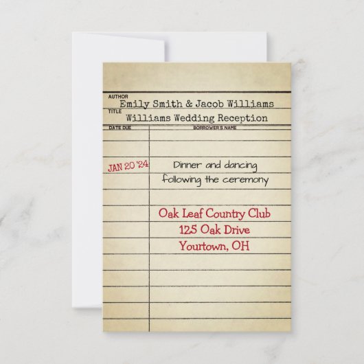 Retro Library Card Weddenschap Reception Kaart (Voorkant)
