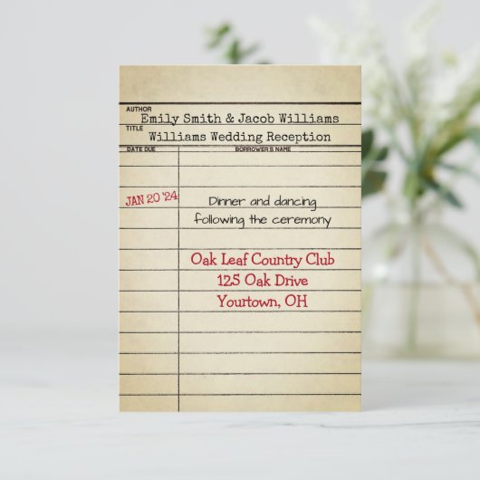 Retro Library Card Weddenschap Reception Kaart (Staand voorkant)