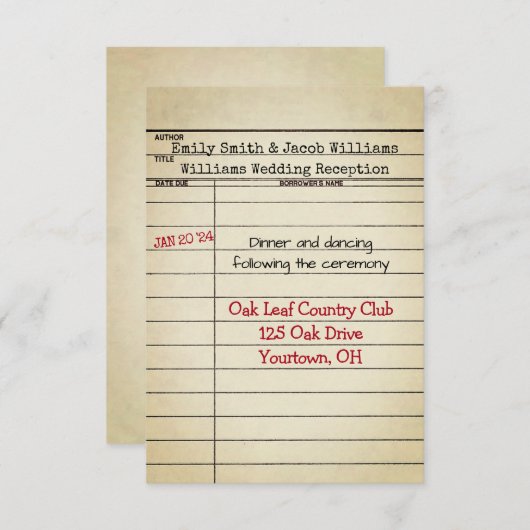 Retro Library Card Weddenschap Reception Kaart (Voorkant / Achterkant)