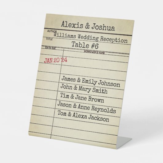 Retro Library Card Weddenschap Reception Reclamebord Met Voetstuk (Voorkant)