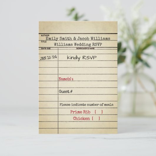 Retro Library Card Wedding RSVP Kaart (Staand voorkant)