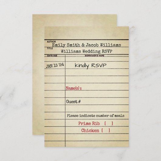Retro Library Card Wedding RSVP Kaart (Voorkant / Achterkant)