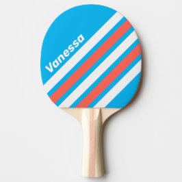 Retro Licht Hemelblauw Schuin Strepen met Naam Tafeltennisbatje