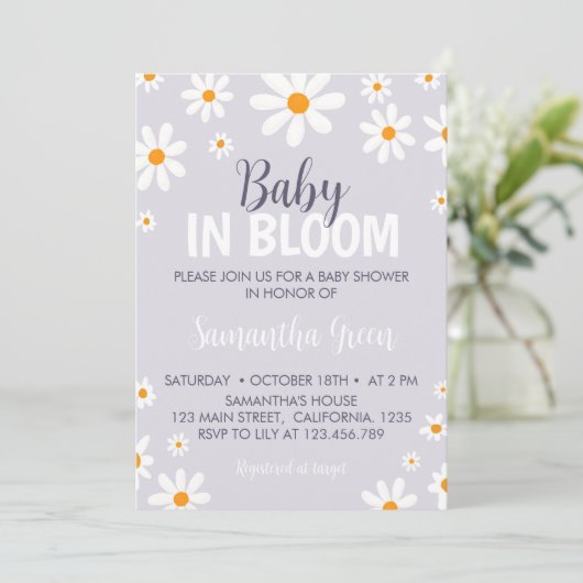 Retro Licht Paarse Daisy Baby shower Uitnodiging (Staand voorkant)