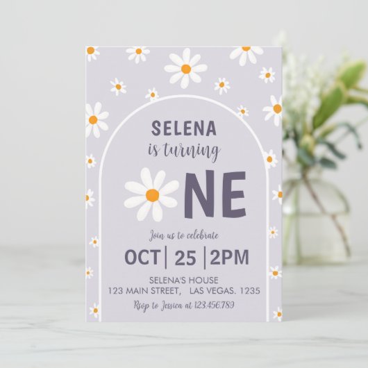 Retro licht Paarse eerste verjaardagsfeestuitnodig Kaart (Staand voorkant)