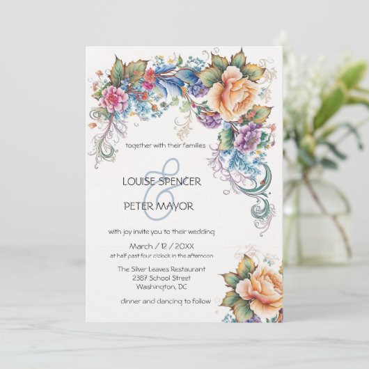 Retro-, lichtblauw- en perzikbloemen Weddenschap I Kaart (Staand voorkant)