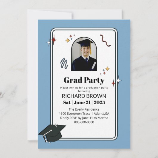 Retro Lichtblauwe kronkelende golvende afstuderen  Aankondiging (Achterkant)