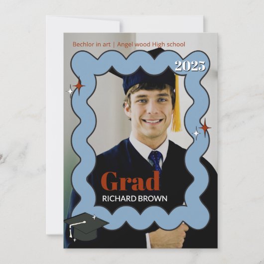 Retro Lichtblauwe kronkelende golvende afstuderen  Aankondiging (Voorkant)