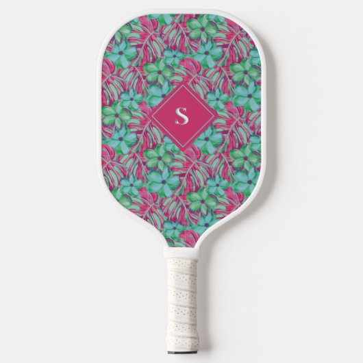 Retro Lichtroze en groene bloemen Pickleball Paddle (Voorkant)