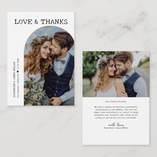 Retro Liefde en Bedankt Witte Boog 2 Foto's Bruilo Notitiekaartje (Voorkant / Achterkant)