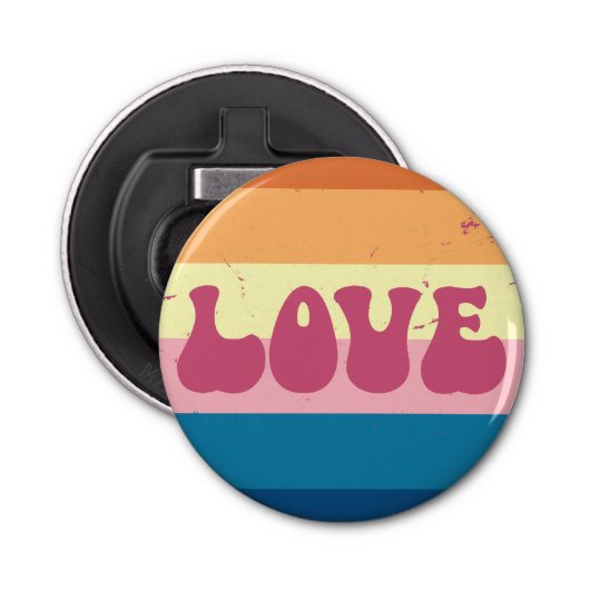Retro Liefde Typografie Op Sunset Stripes Button Flesopener (Voorkant)