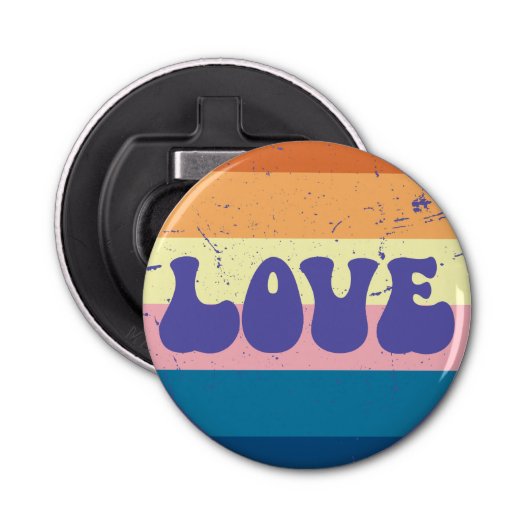 Retro Liefde Typografie Op Sunset Stripes Button Flesopener (Voorkant)
