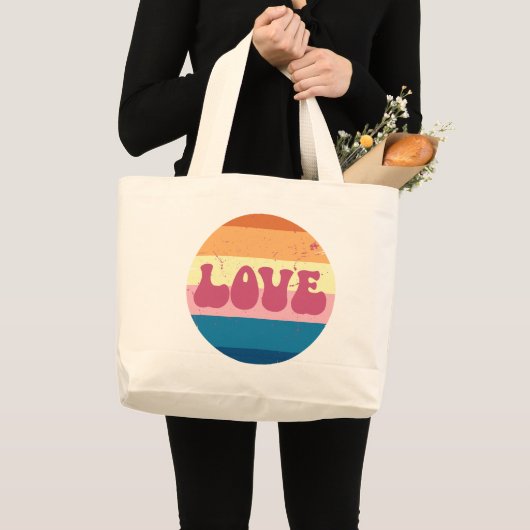 Retro Liefde Typografie Op  Sunset Stripes Grote Tote Bag (Voorkant (product))