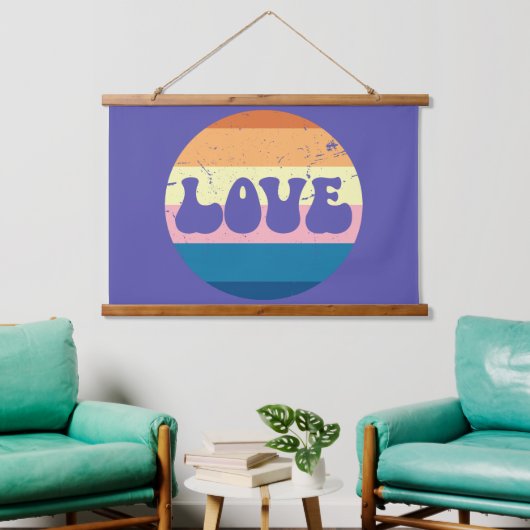Retro Liefde Typografie Op  Sunset Stripes Hangend Wandkleed (Woonkamer)