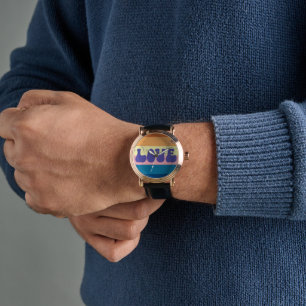 Retro Liefde Typografie Op  Sunset Stripes Horloge
