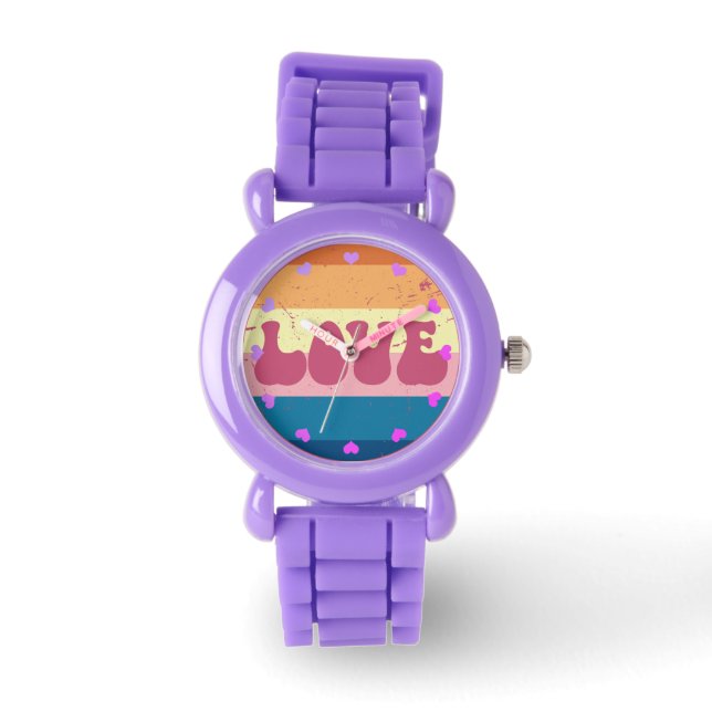 Retro Liefde Typografie Op  Sunset Stripes Horloge (Voorkant)
