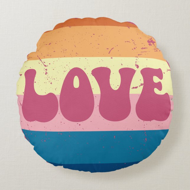 Retro Liefde Typografie Op  Sunset Stripes Rond Kussen (Voorkant)