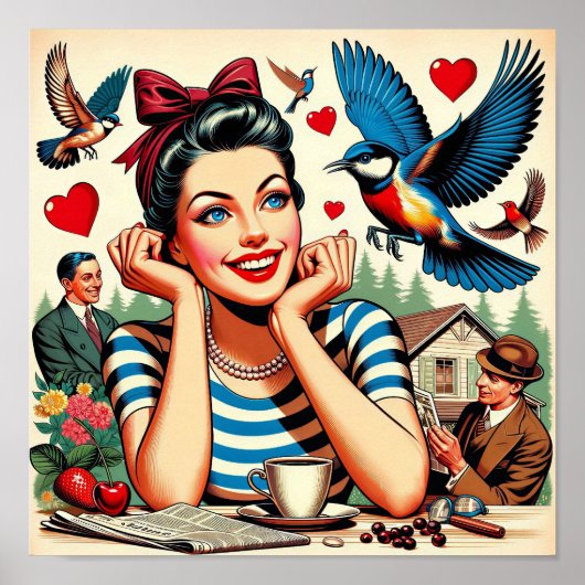 Retro Liefdesvogels Poster (Voorkant)