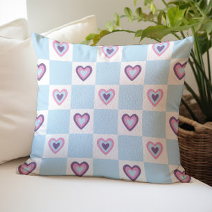 Retro Light blue Hearts Checkered Pattern Kussen