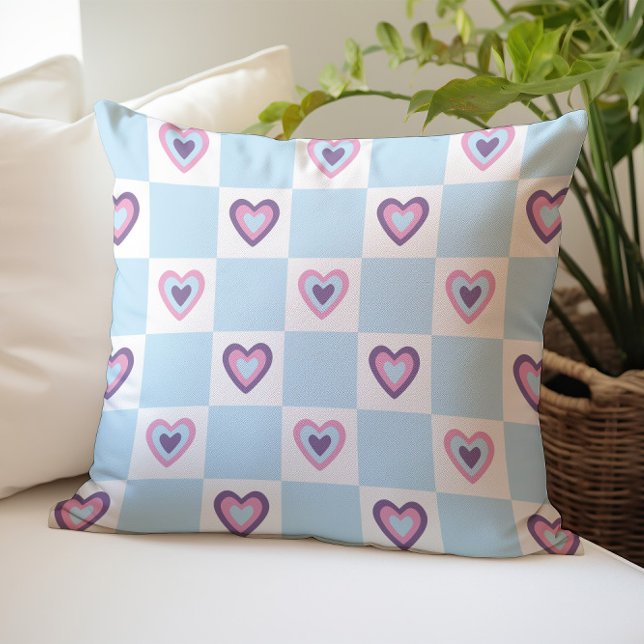 Retro Light blue Hearts Checkered Pattern Kussen (Creator heeft geüpload)