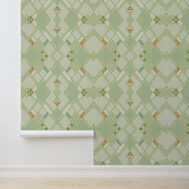 Retro Light Green Geometric Bohemian Tile Patroon Behang (Applicatie)