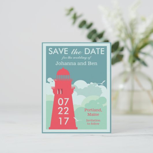 Retro Lighthouse Poster Save the Date Briefkaart (Staand voorkant)