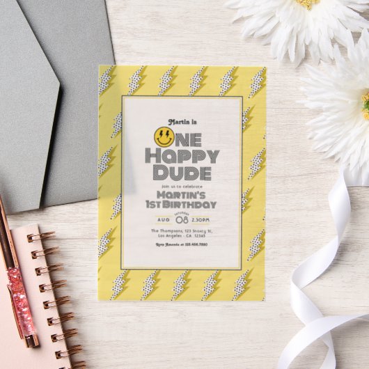 Retro Lightning One Happy Dude 1e verjaardag foto Vellum Uitnodigingen (Huwelijk)