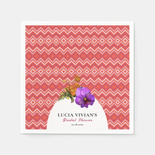 Retro lijnen bloemrijk magenta fuchsia bruiloftsfe servet (Voorkant)