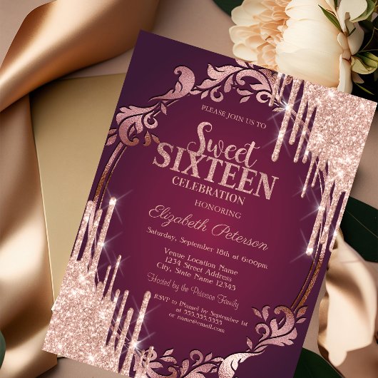 Retro Lijst Roos Gouden Glitter Drips Bourgogne Kaart