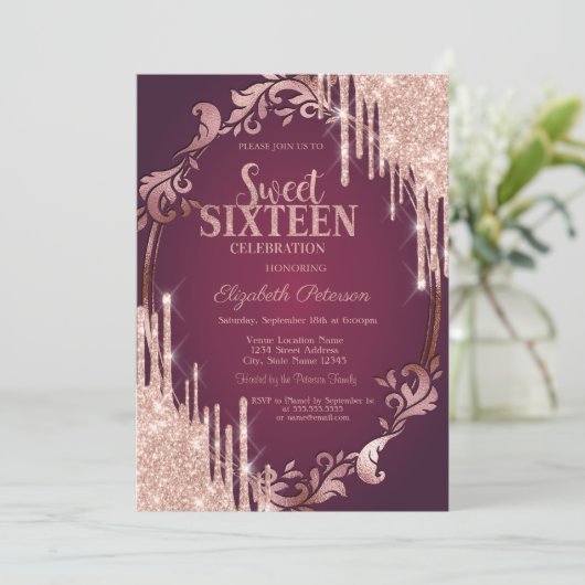 Retro Lijst Roos Gouden Glitter Drips Bourgogne Kaart (Staand voorkant)