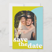 Retro Limoen Blue Geometric Couple Photo Wedding Save The Date (Voorkant)
