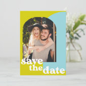 Retro Limoen Blue Geometric Couple Photo Wedding Save The Date (Staand voorkant)