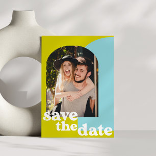 Retro Limoen Blue Geometric Couple Photo Wedding Save The Date