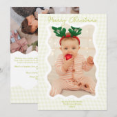 Retro limoen Gingham Merry Christmas Wavy 2 foto's Feestdagenkaart (Voorkant / Achterkant)