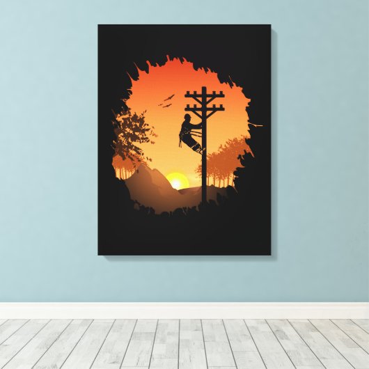 Retro Lineman Zonsondergang Vader Elektrische Kabe Canvas Afdruk (Insitu (Houten vloer))
