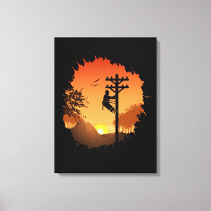 Retro Lineman Zonsondergang Vader Elektrische Kabe Canvas Afdruk