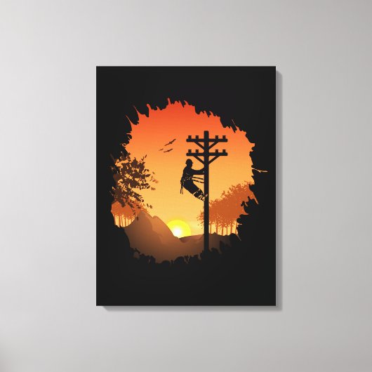 Retro Lineman Zonsondergang Vader Elektrische Kabe Canvas Afdruk (Voorkant)
