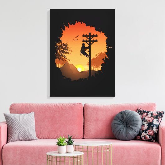 Retro Lineman Zonsondergang Vader Elektrische Kabe Canvas Afdruk (Insitu (Woonkamer))