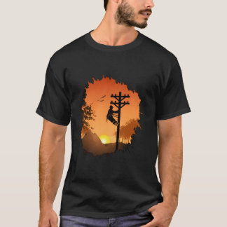 Retro Lineman Zonsondergang Vader Mannen Elektrisc T-shirt