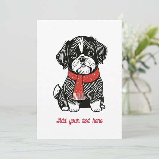 Retro Linocut Stijl Shih Tzu Kerstmis Kaart (Staand voorkant)