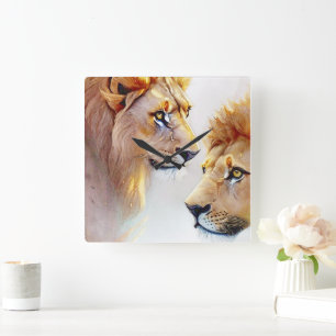 Retro Lions Art - Klassieke Wildlife Wall Art Vierkante Klok