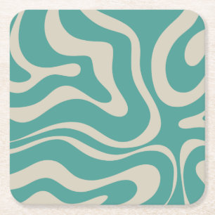 Retro Liquid Swirl Abstract Patroon Blauwgroen Bei Kartonnen Onderzetters