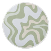 Retro Liquid Swirl Abstract Patroon in Sage Green Keramische Knop (Voorkant)