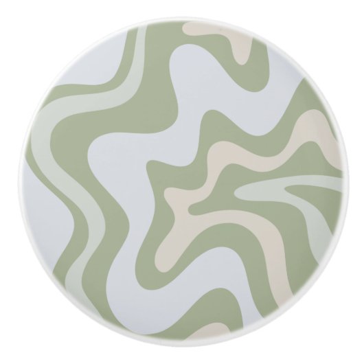 Retro Liquid Swirl Abstract Patroon in Sage Green Keramische Knop (Voorkant)