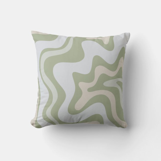 Retro Liquid Swirl Abstract Patroon in Sage Green Kussen (Voorkant)